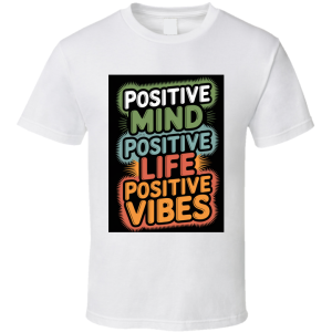 A black background features bold, creative text arranged in a vertical format. The words POSITIVE MIND, POSITIVE LIFE, and POSITIVE VIBES are stacked, emphasizing a motivational and colorful theme. The typography is striking, with each phrase highlighted